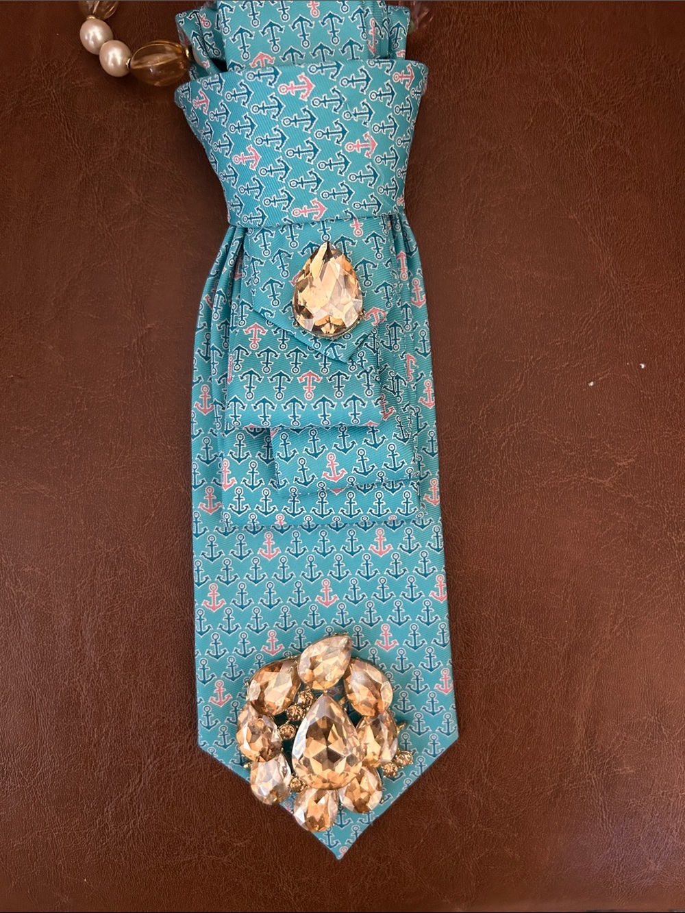 Turquoise Anchor Print Men's Tie with Crystal Accent
